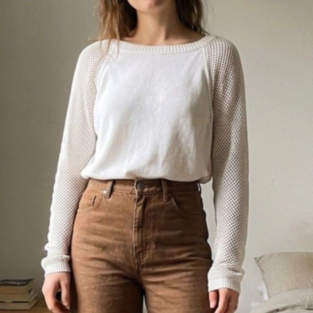 Ralph Lauren White Ethereal Dolman Sweater with Open Knit Sleeves